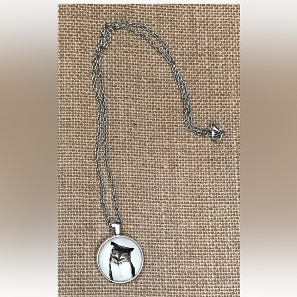 Dome Glass Round Owl Pendant Necklace Silver Tone Dark Academia Goblin Core - Picture 2 of 3